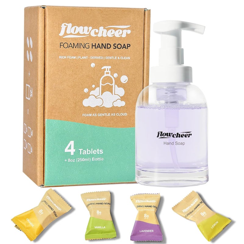 flowcheer Hand Soap Starter Set –1 Refillable CrystalClear Glass Foaming Hand Soap Dispenser + 4 Scented Soap Refill Tablets, 4 x 9 Fl oz,Soap Pump for Bathroom Kitchen Countertop - Image 1
